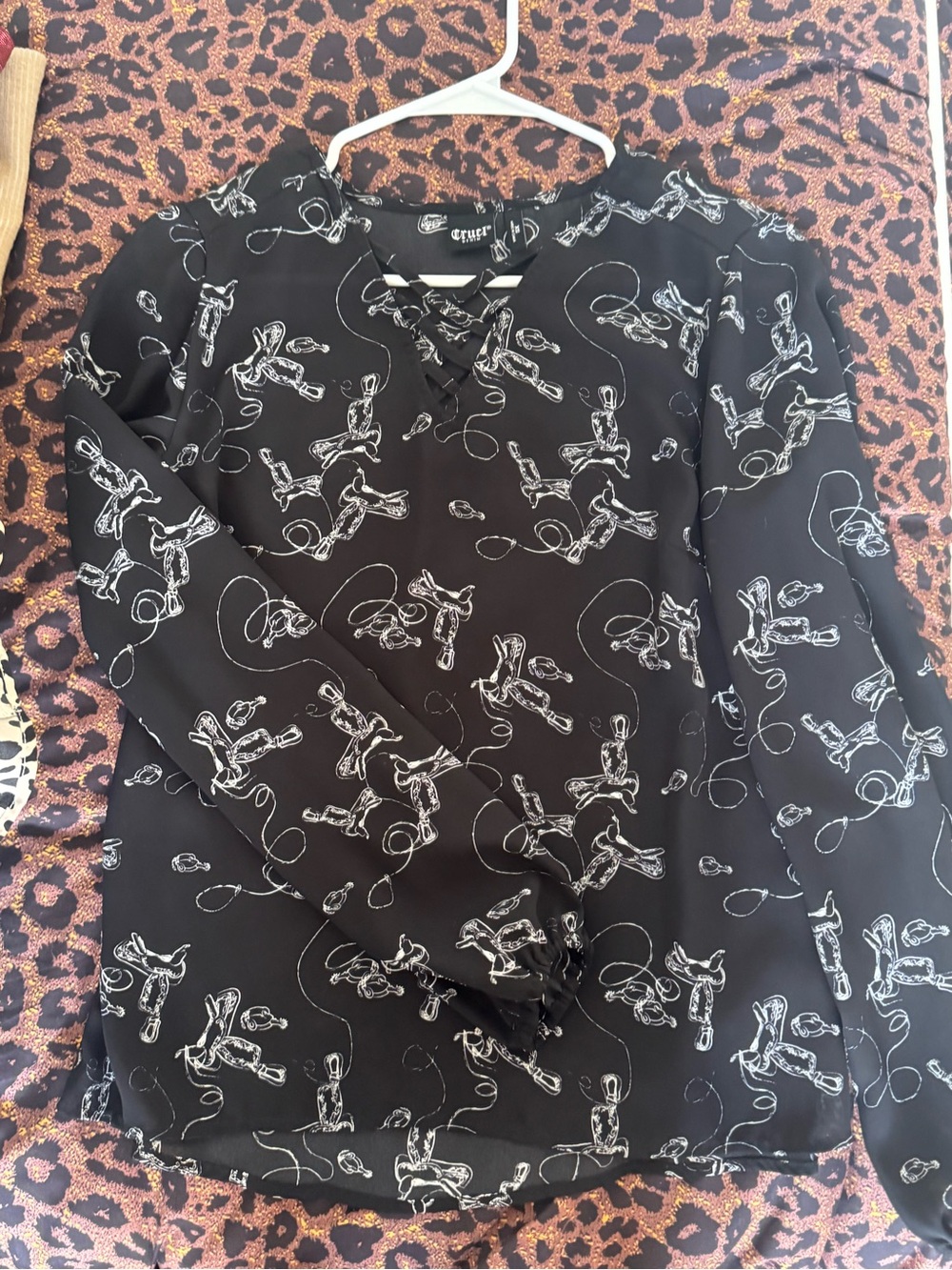 Cruel Girl Black Blouse with White Western Boot & Lasso Print
